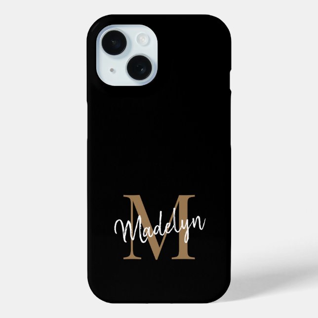 Modern Black Gold Monogram Feminine Script Name Case-Mate iPhone Hülle (Rückseite)