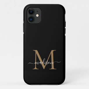 Modern Black Gold Monogram Feminine Script Name iP Case-Mate iPhone Hülle