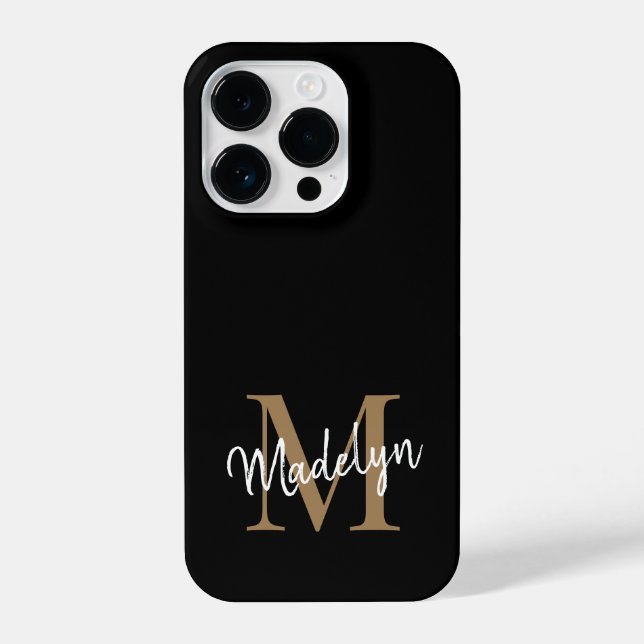 Modern Black Gold Monogram Feminine Script Name iPhone Hülle (Rückseite)