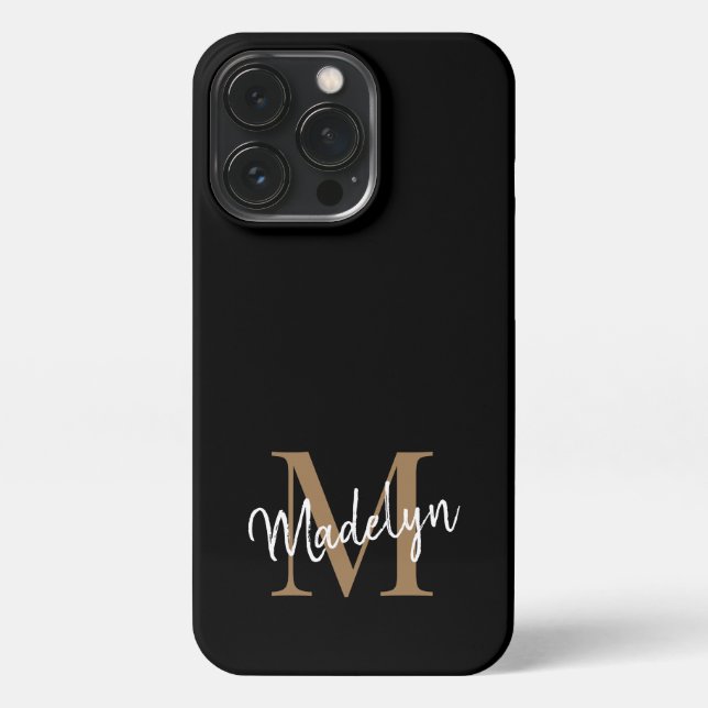Modern Black Gold Monogram Feminine Script Name iPhone Hülle (Rückseite)
