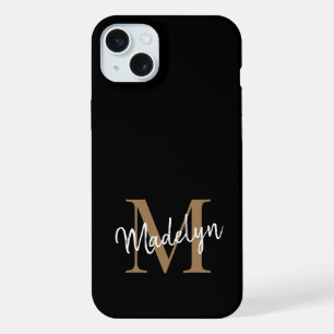 Modern Black Gold Monogram Feminine Script Name iPhone 15 Plus Hülle