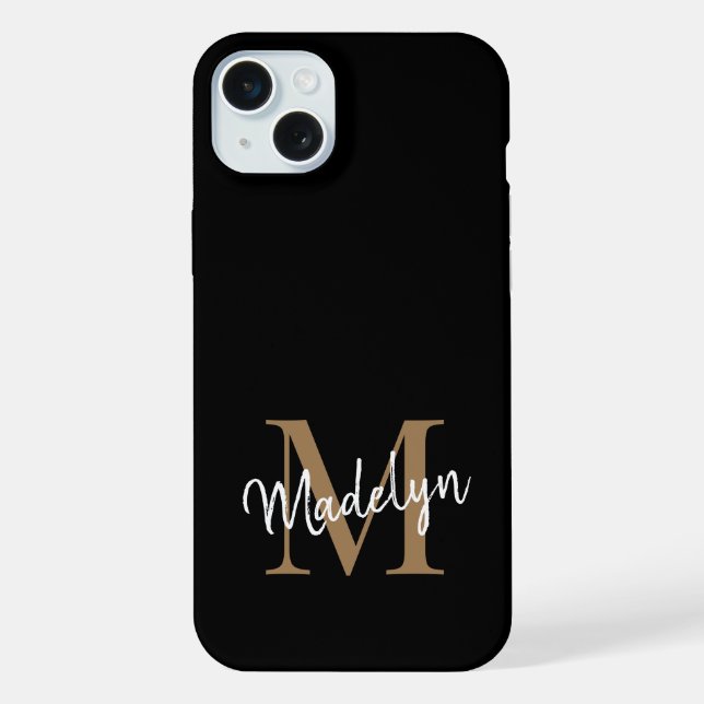 Modern Black Gold Monogram Feminine Script Name iPhone Hülle (Rückseite)