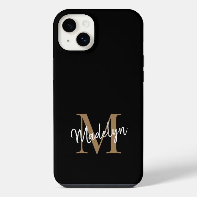 Modern Black Gold Monogram Feminine Script Name iPhone Hülle (Rückseite)