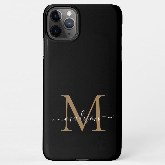 Modern Black Gold Monogram Feminine Script Name iPhone Hülle (Rückseite)
