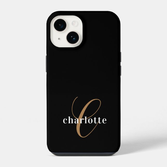 Modern Black Gold Monogram Feminine Script Name iPhone Hülle (Rückseite)