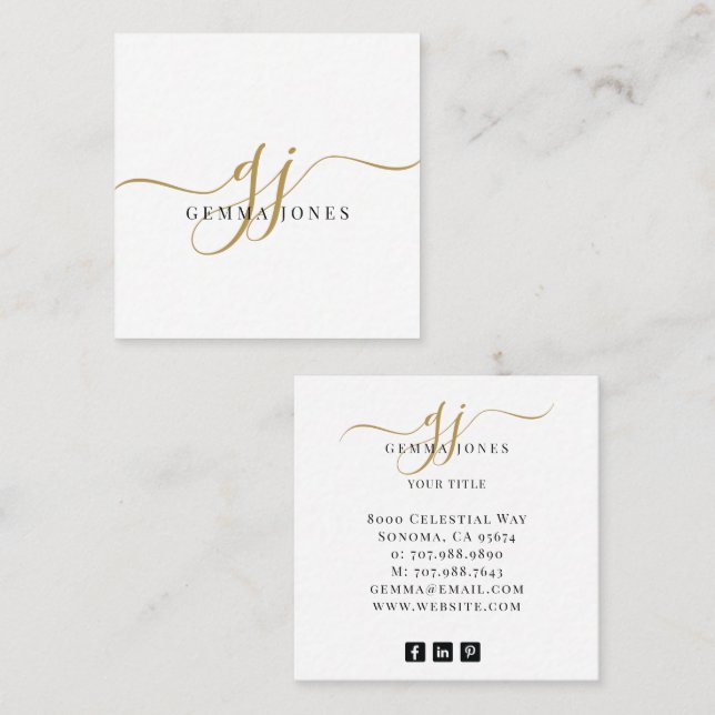 Modern Black Gold Monogram Feminine Script Name Quadratische Visitenkarte (Vorne/Hinten)