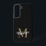 Modern Black Gold Monogram Feminine Script Name Samsung Galaxy Hülle<br><div class="desc">Modernes Black Gold Monogram Feminine Script Name Phone Case. Dieses elegante,  moderne Handy-Gehäuse lässt sich einfach mit Ihrem individuellen Monogramm und Namen personalisieren.</div>