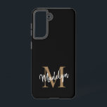 Modern Black Gold Monogram Feminine Script Name Samsung Galaxy Hülle<br><div class="desc">Modernes Black Gold Monogram Feminine Script Name Phone Case. Dieses elegante,  moderne Handy-Gehäuse lässt sich einfach mit Ihrem individuellen Monogramm und Namen personalisieren.</div>