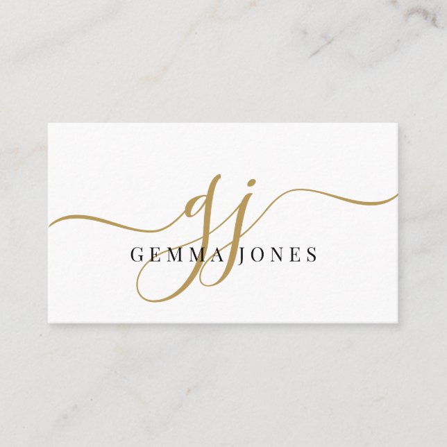 Modern Black Gold Monogram Feminine Script Name Visitenkarte (Vorderseite)