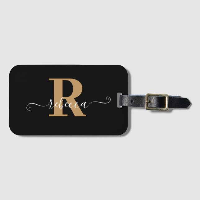 Modern Black Gold Monogram Handschrift Name Gepäckanhänger (Vorderseite (Horizontal))