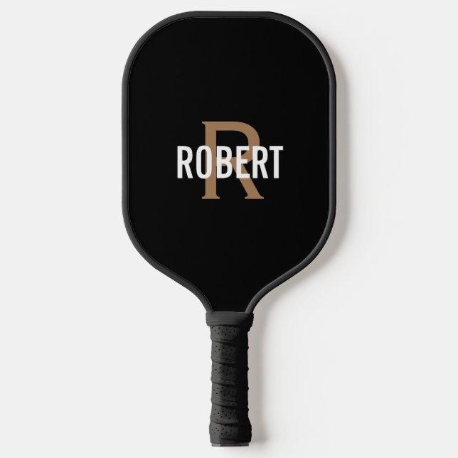 Modern Black gold monogram name mens pickleball pa Pickleball Schläger (Vorderseite)