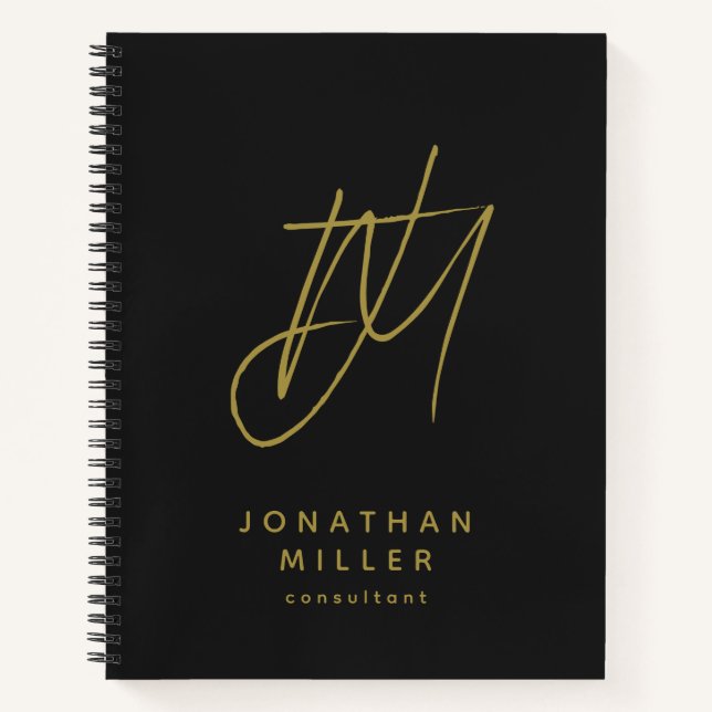 Modern Black Gold Monogram Notizbuch (Vorderseite)