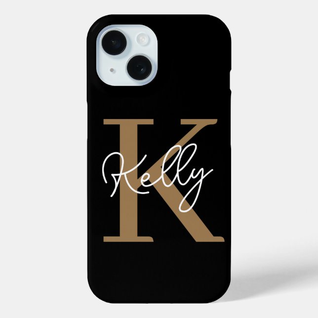 Modern Black Gold Monogram Script Case-Mate iPhone Hülle (Rückseite)