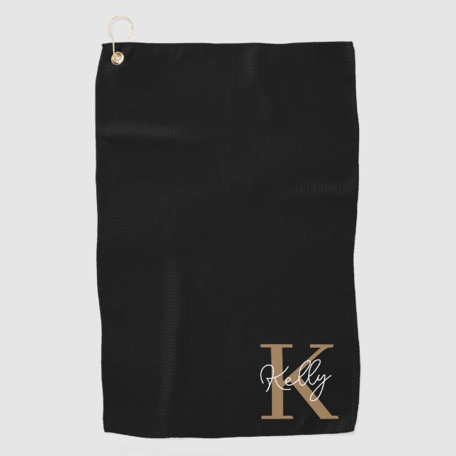 Modern Black Gold Monogram Script Golfhandtuch (Vorderseite)