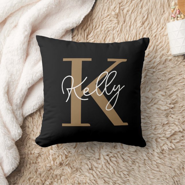 Modern Black Gold Monogram Script Kissen (Decke)