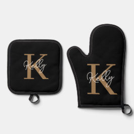 Modern Black Gold Monogram Script Ofenhandschuh & Topflappen-Set