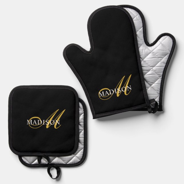 Modern Black Gold Monogram Script Ofenhandschuh & Topflappen-Set (Vorderseite/Rückseite)