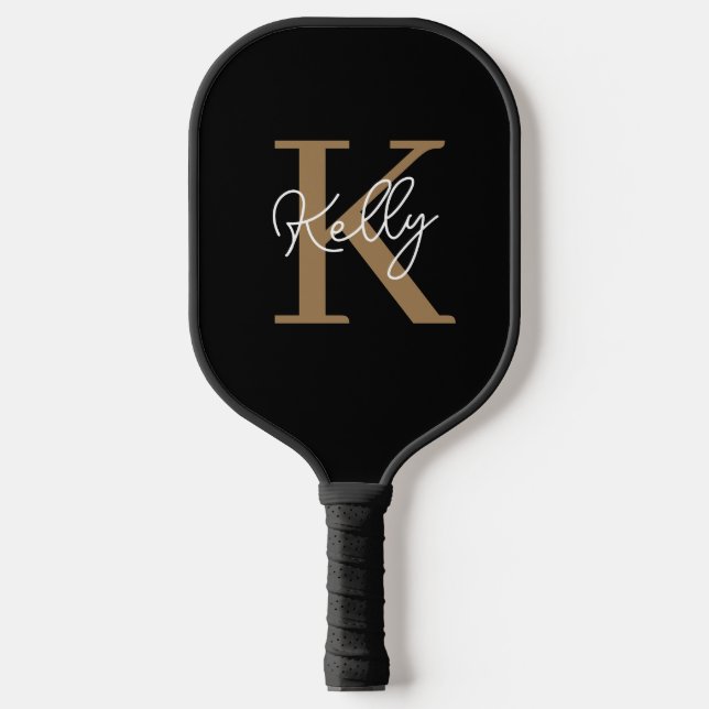 Modern Black Gold Monogram Script Pickleball Schläger (Vorderseite)