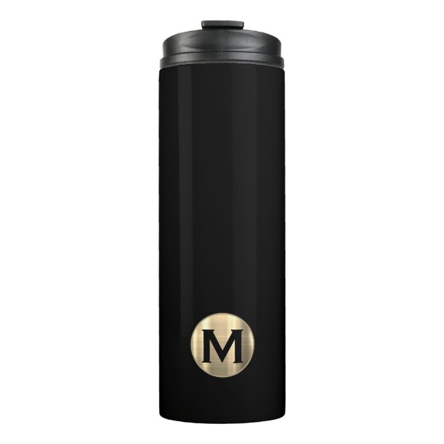 Modern Black Gold Monogram Thermosbecher (Vorderseite)