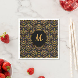 Modern Black Gold Muster Art Deco Monogram Serviette