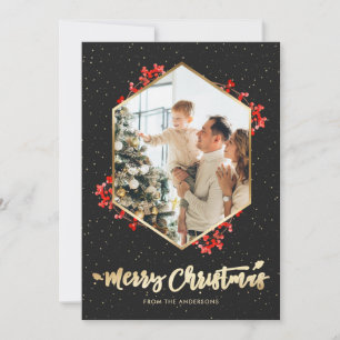 Modern Black Gold Red Berries Snow Foto Weihnachte Feiertagskarte