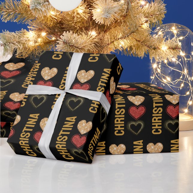 Modern Black Gold & Red Hearts Name Valentines Day Geschenkpapier (Feiertage)