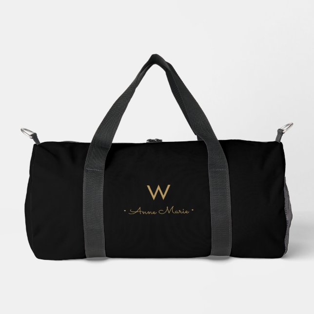 Modern Black Gold Script Monogram Duffle Bag (Vorderseite)