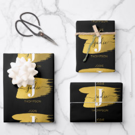 Modern Black & Gold Script Monogram Geschenkpapier Set