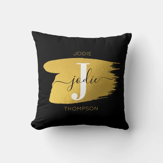 Modern Black & Gold Script Monogram Kissen (Vorderseite)