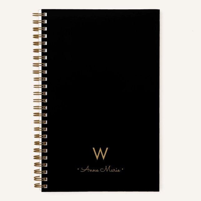 Modern Black Gold Script Monogram Notizbuch (Vorderseite)