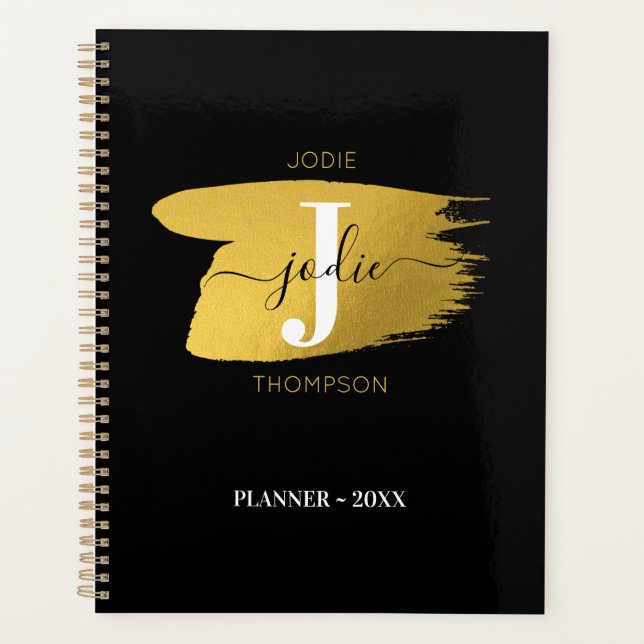 Modern Black & Gold Script Monogram Planer (Vorderseite)