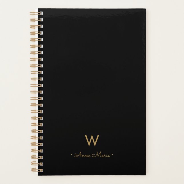 Modern Black Gold Script Monogram Planer (Vorderseite)