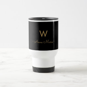 Modern Black Gold Script Monogram Reisebecher