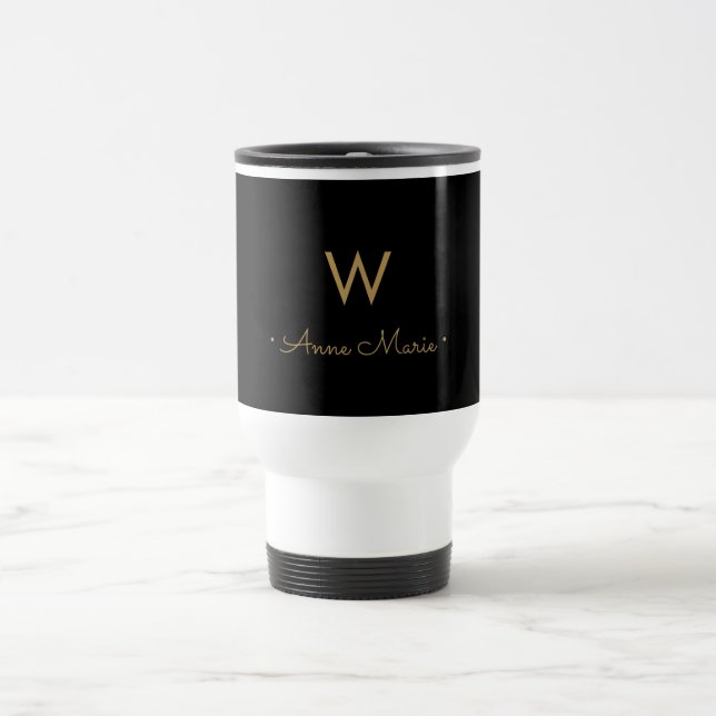 Modern Black Gold Script Monogram Reisebecher (Mittel)
