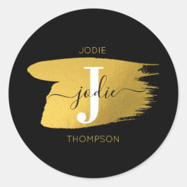 Modern Black & Gold Script Monogram Runder Aufkleber