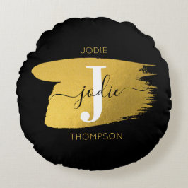 Modern Black & Gold Script Monogram Rundes Kissen
