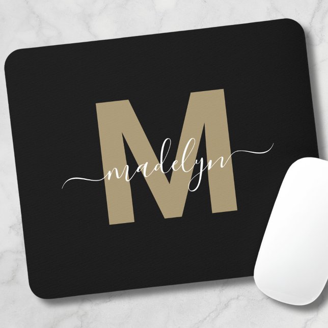 Modern Black Gold Script Name Initial Monogram Mousepad (Modern Black Gold Script Name Initial Monogram Mouse Pad)