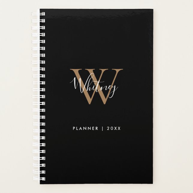 Modern Black Gold Script Name Monogram 2023 Planer (Vorderseite)