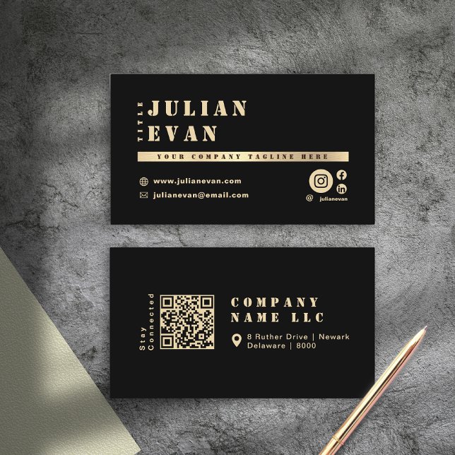 Modern Black & Gold Shiny Stencil Bold Typografie Visitenkarte (Elegant Navy blue & Gold Shiny Bold Typography Business Card)