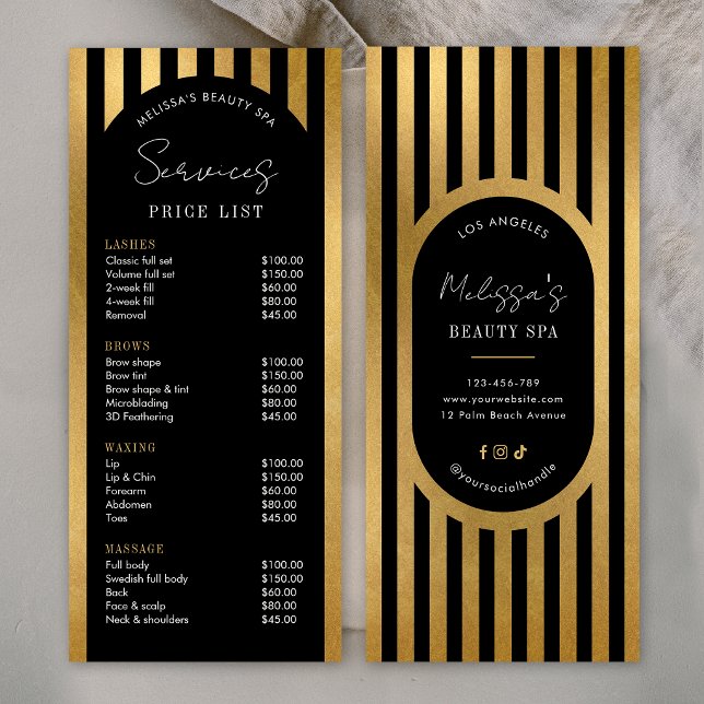 Modern Black & Gold Stripes Salon Price List Menu Werbekarte (Von Creator hochgeladen)