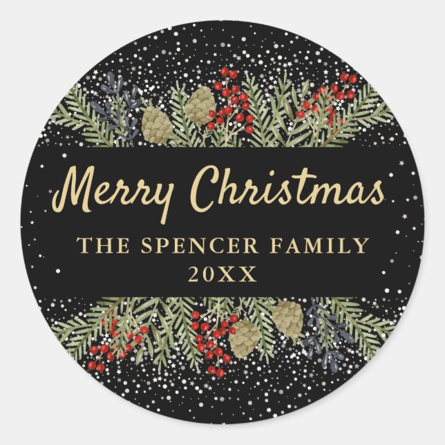 Modern Black Gold Winter Holly Berries Weihnachten Runder Aufkleber (Vorderseite)