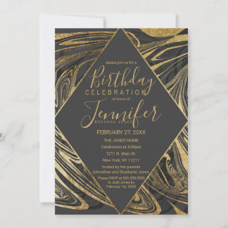 Modern Black Gray Gold Marmor Swirl Geburtstag Einladung