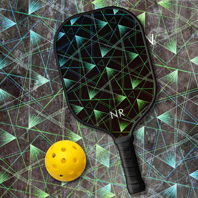 Modern Black Green Blue Cool Abstrakt Mit Monogram Pickleball Schläger (Von Creator hochgeladen)