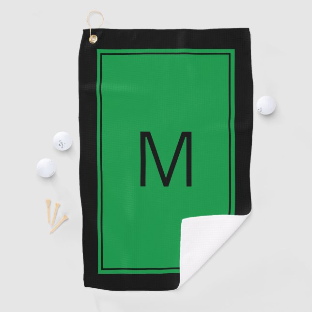 Modern Black Green Monogram Golf Towel Golfhandtuch (Insitu)