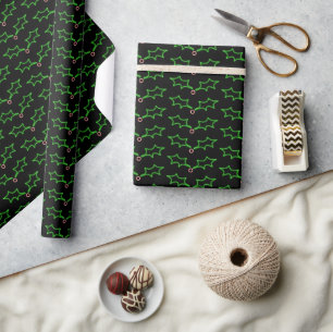 Modern Black Green Xmas Dark Holly Muster Geschenkpapier