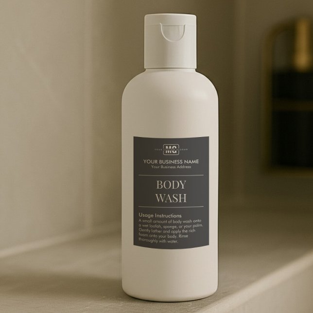 Modern Black Guest Room Body Wash Monogram Labels Lebensmitteletikett (Von Creator hochgeladen)