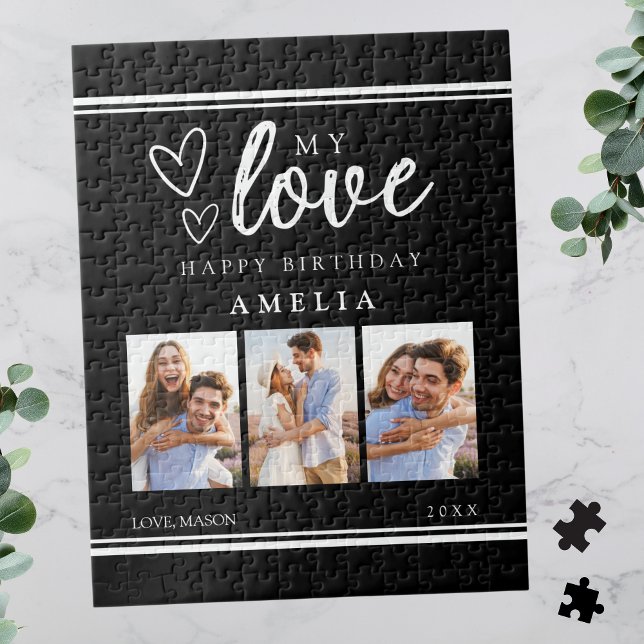 Modern Black Happy Birthday Photo Collage Puzzle (Modern Black Happy Birthday Photo Collage Jigsaw Puzzle for Her)
