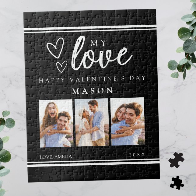 Modern Black Happy Valentine's Photo Collage Puzzle (Modern Black Happy Valentine's Photo Collage Jigsaw Puzzle)