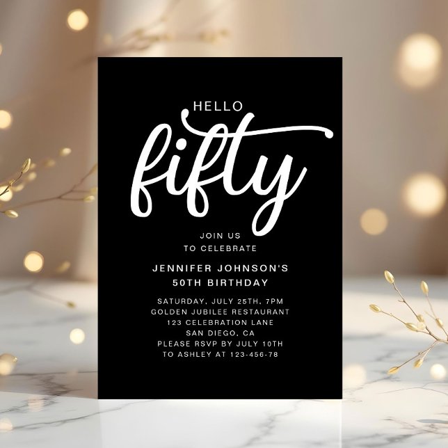 Modern Black Hello 50. Geburtstag Einladung (Modern Black Hello Fifty 50th Birthday Invitation)