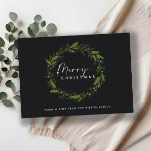 MODERN BLACK HOLLY BERRY WREATH MERRY CHRISTMAS FEIERTAGSKARTE